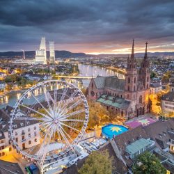 Basel,,Switzerland,Historic,Cityscape,At,Dawn,Towards,The,Rhine,River.