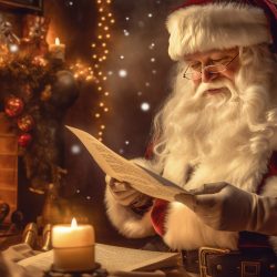 Santa reading letters from children. Illustration Generative AI